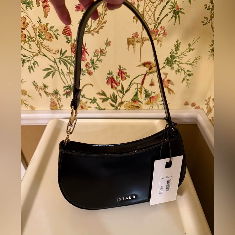 STAUD Black Patent Leather Shoulder Bag